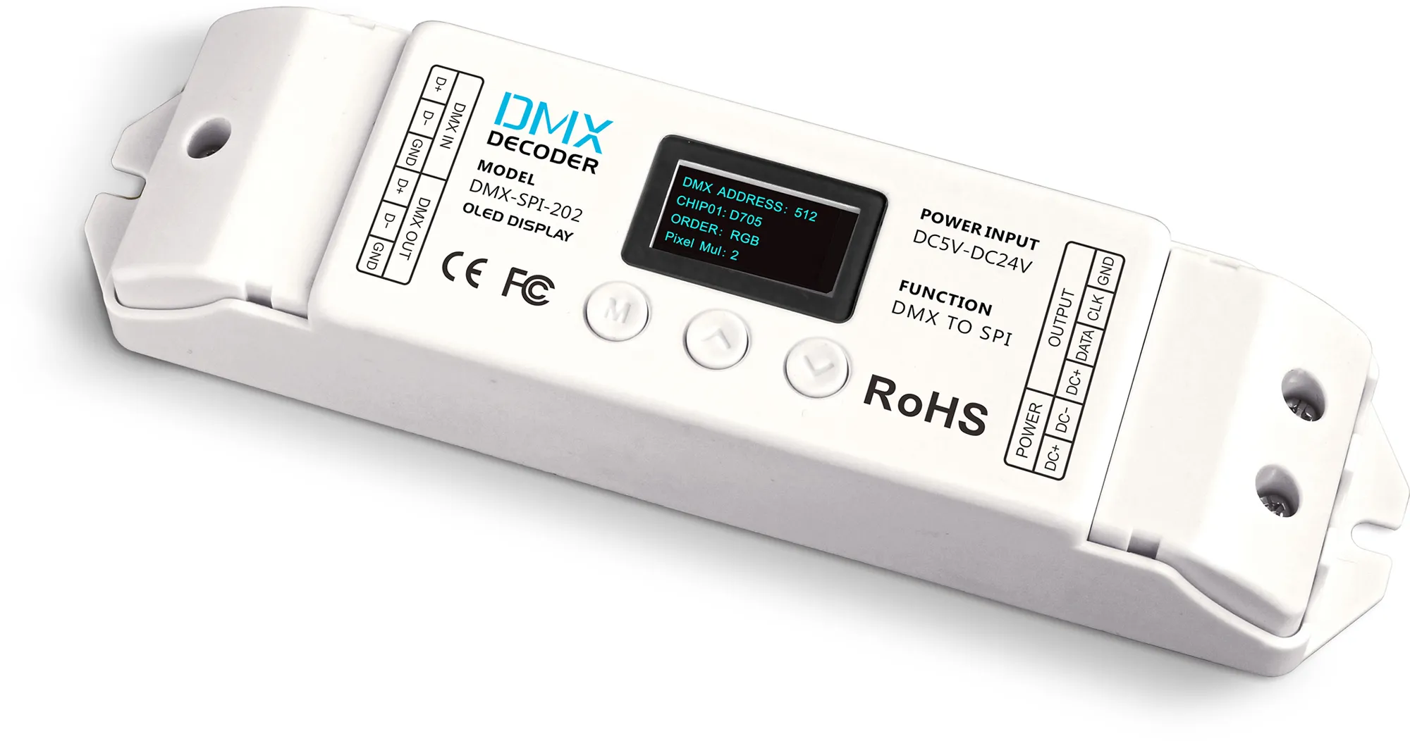 DMX-SPI-202  DMX to SPI Converter, OLED Display, 5/12/24V DC
